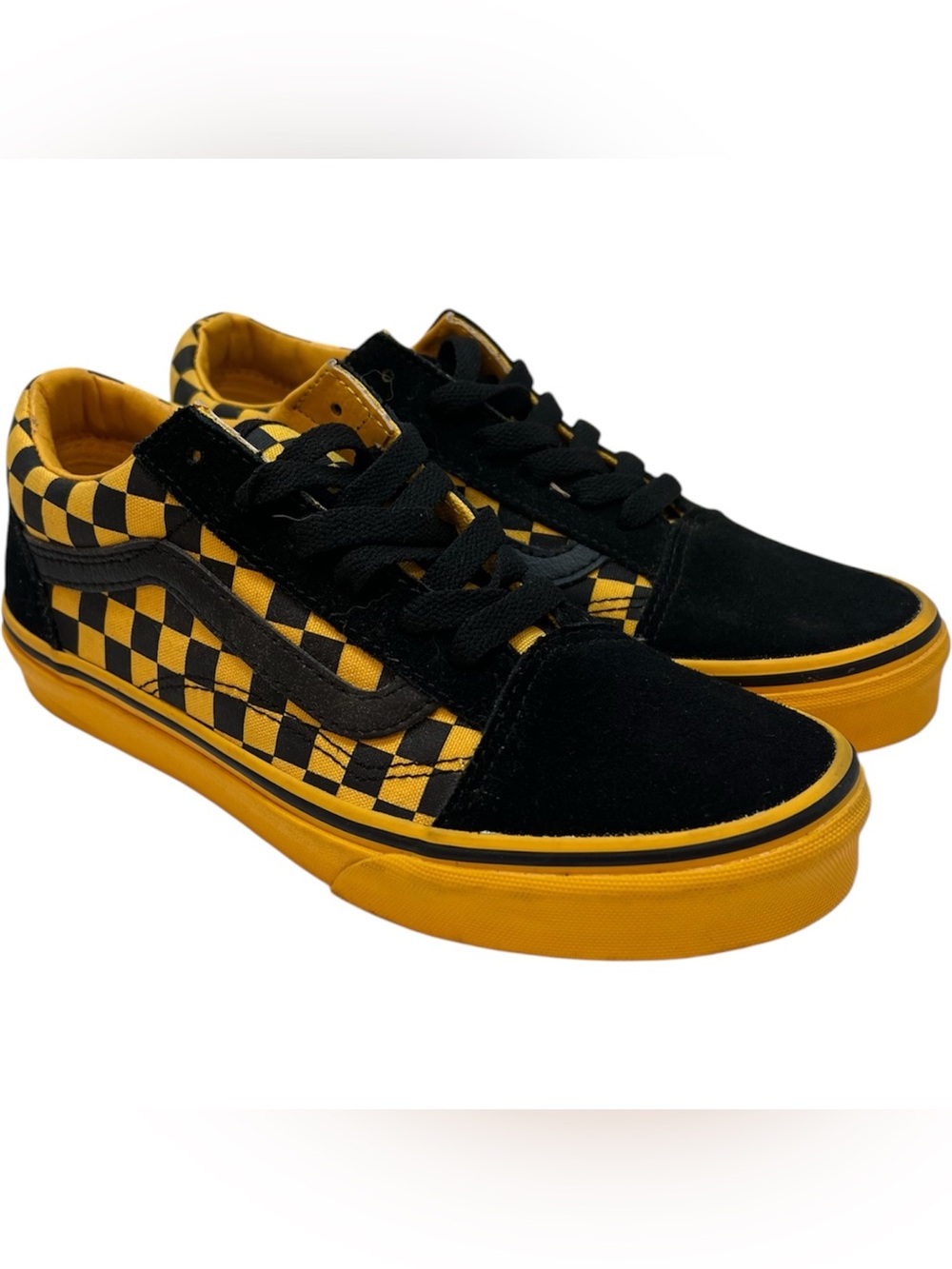 Vans Old Skool Size 3.5 Black & Yellow Checkered Skateboard Trainers